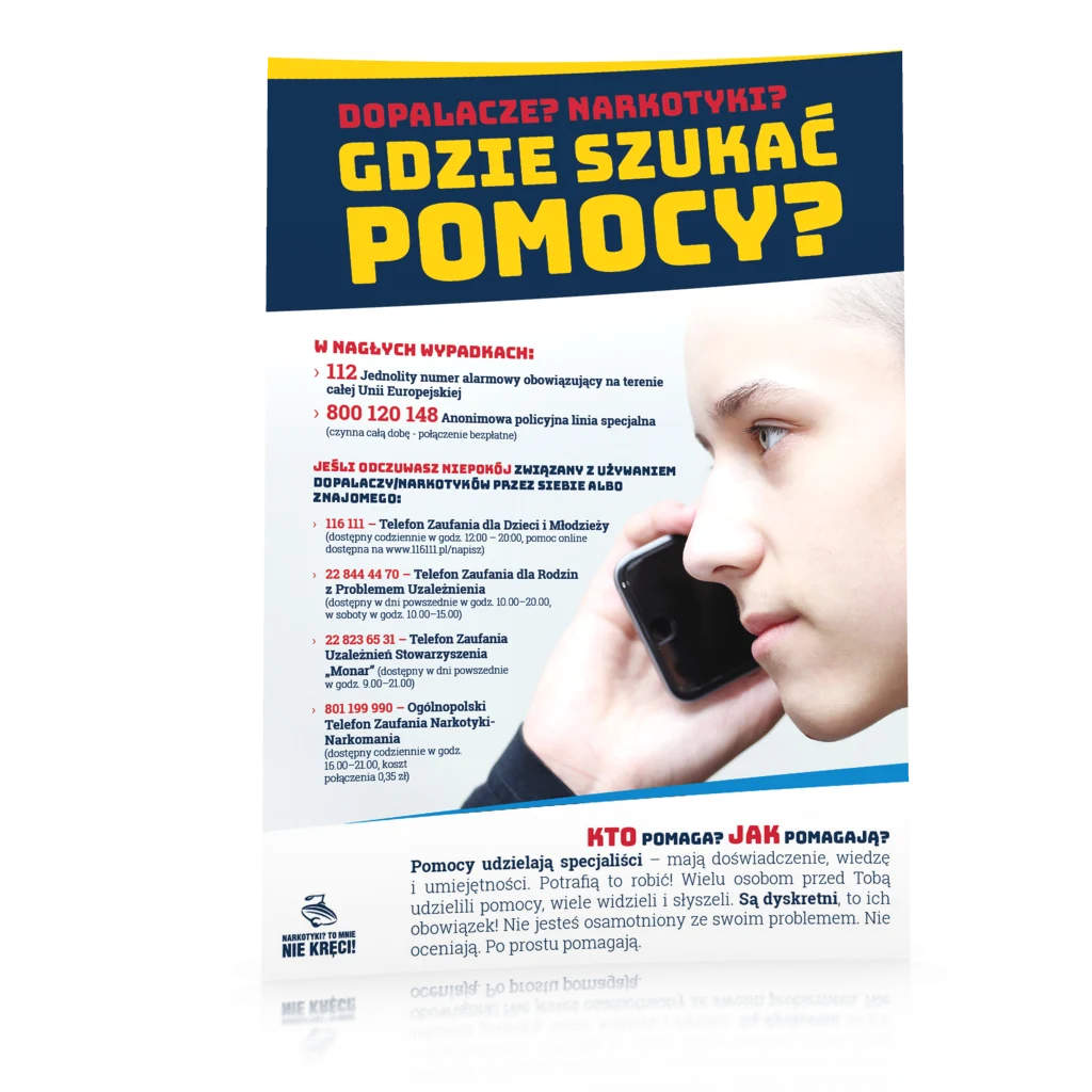 Plakat profilaktyczny: Dopalacze? Narkotyki? Gdzie szukać pomocy?