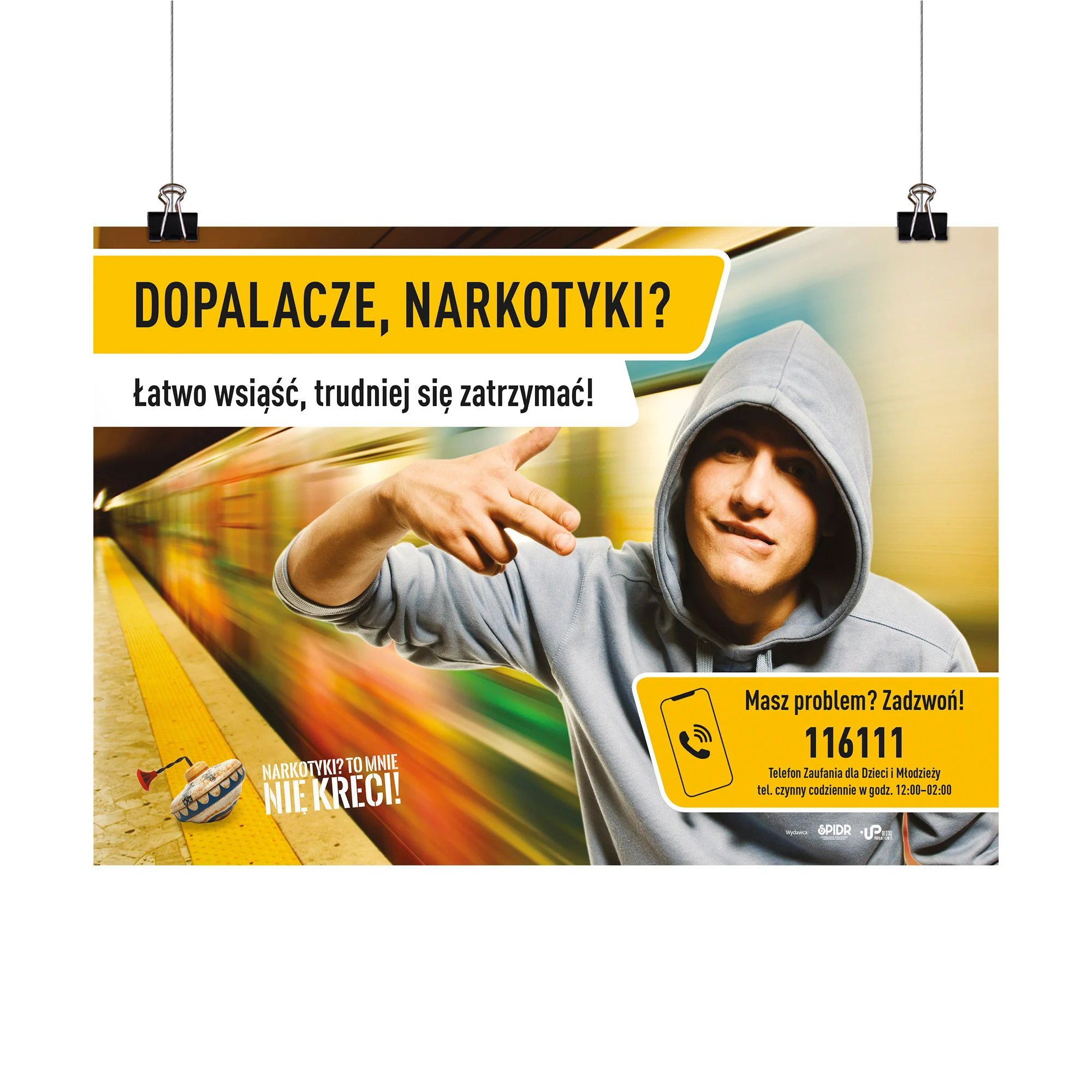 Plakat profilaktyczny: Dopalacze, narkotyki? Łatwo wsiąść. Trudniej się zatrzymać