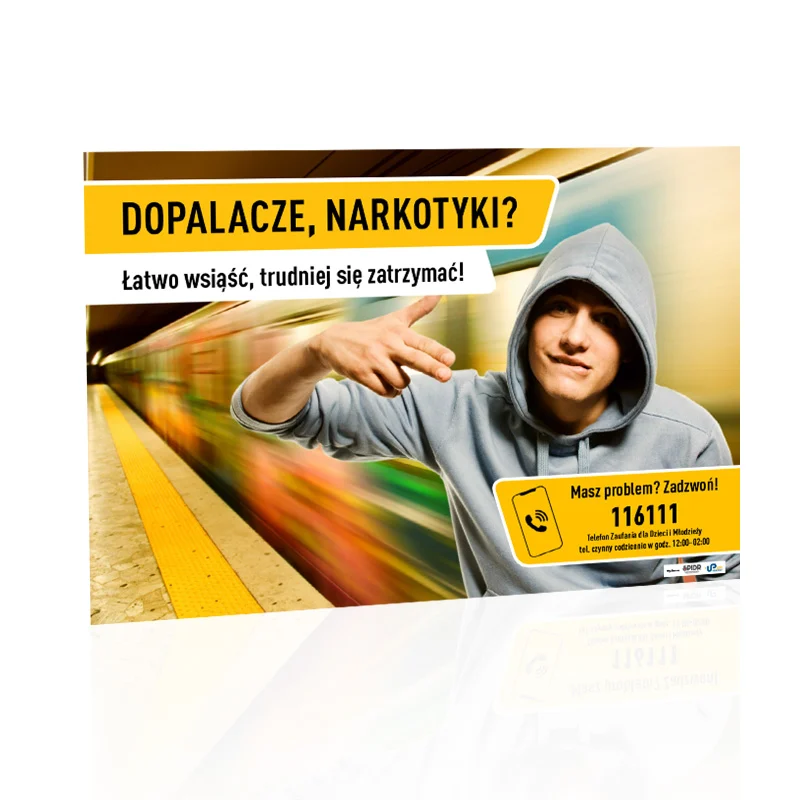Plakat profilaktyczny: Dopalacze, narkotyki? Łatwo wsiąść. Trudniej się zatrzymać