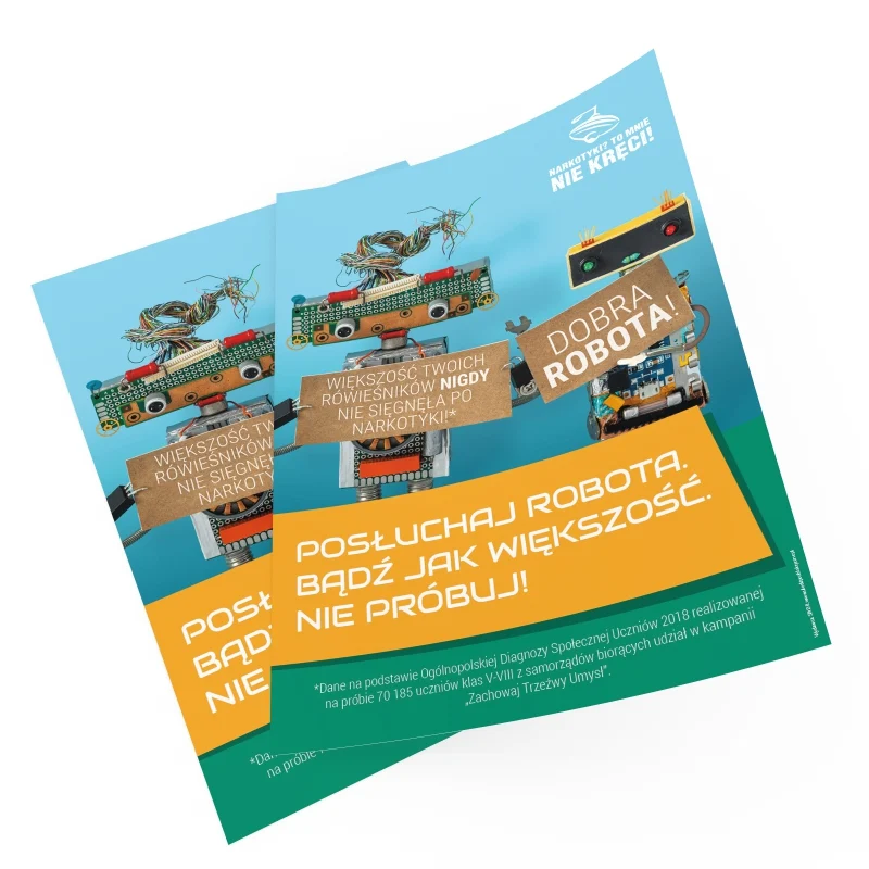 Plakat profilaktyczny: Posłuchaj robota! Nie próbuj!