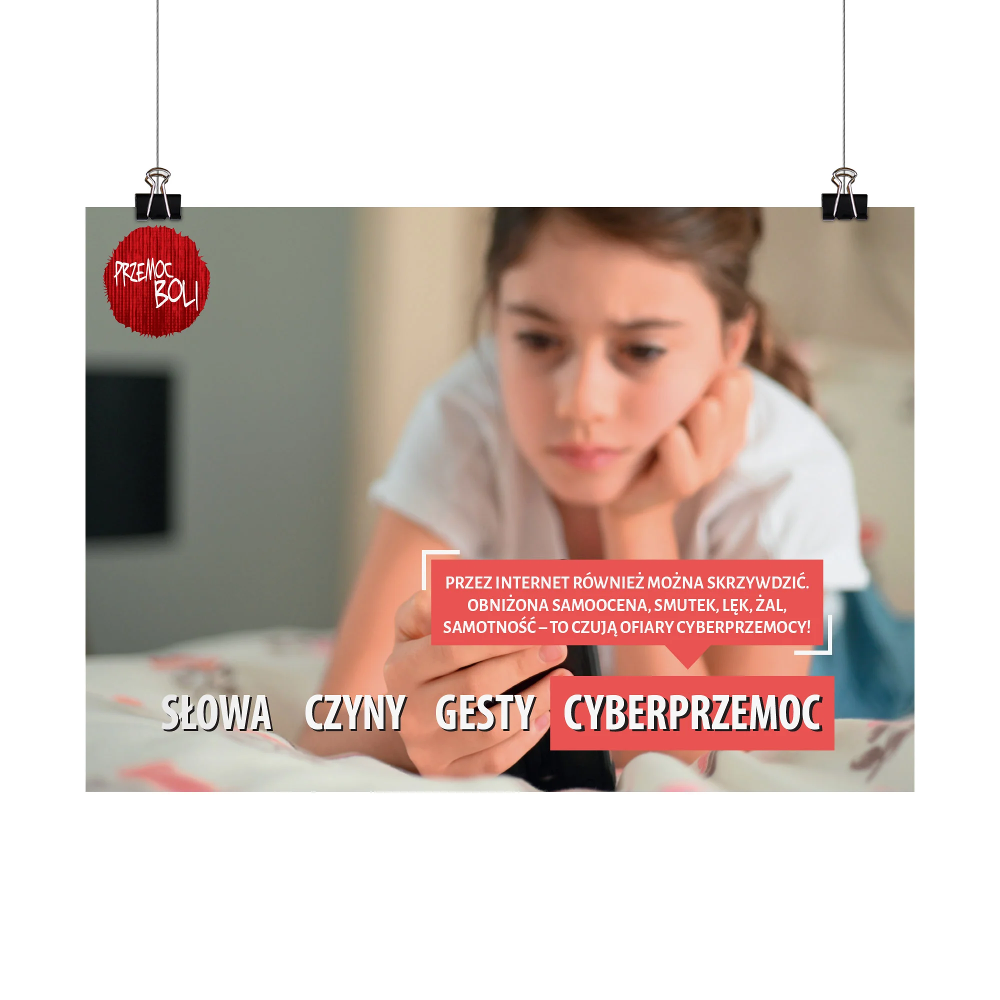 Plakat profilaktyczny: Przemoc boli. Cyberprzemoc